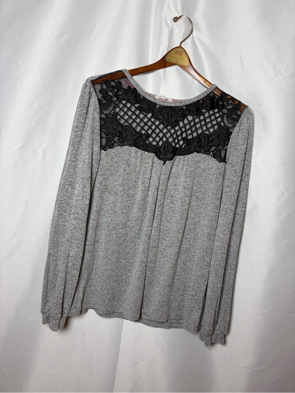 Gray Long-Sleeve Top with Black Lace Yoke